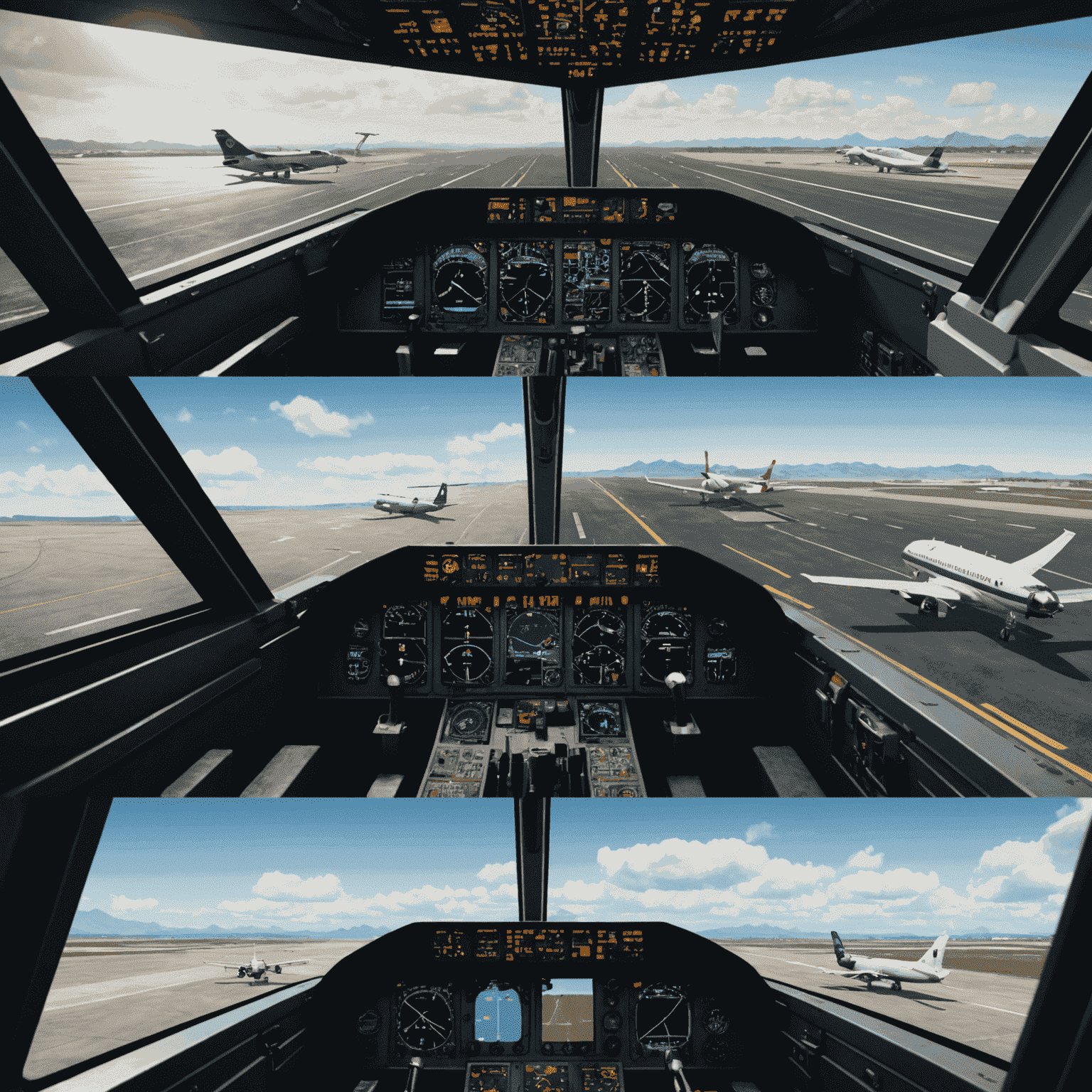 Collage of various aviation game screenshots, showing cockpit views, aircraft exteriors, and airport scenes