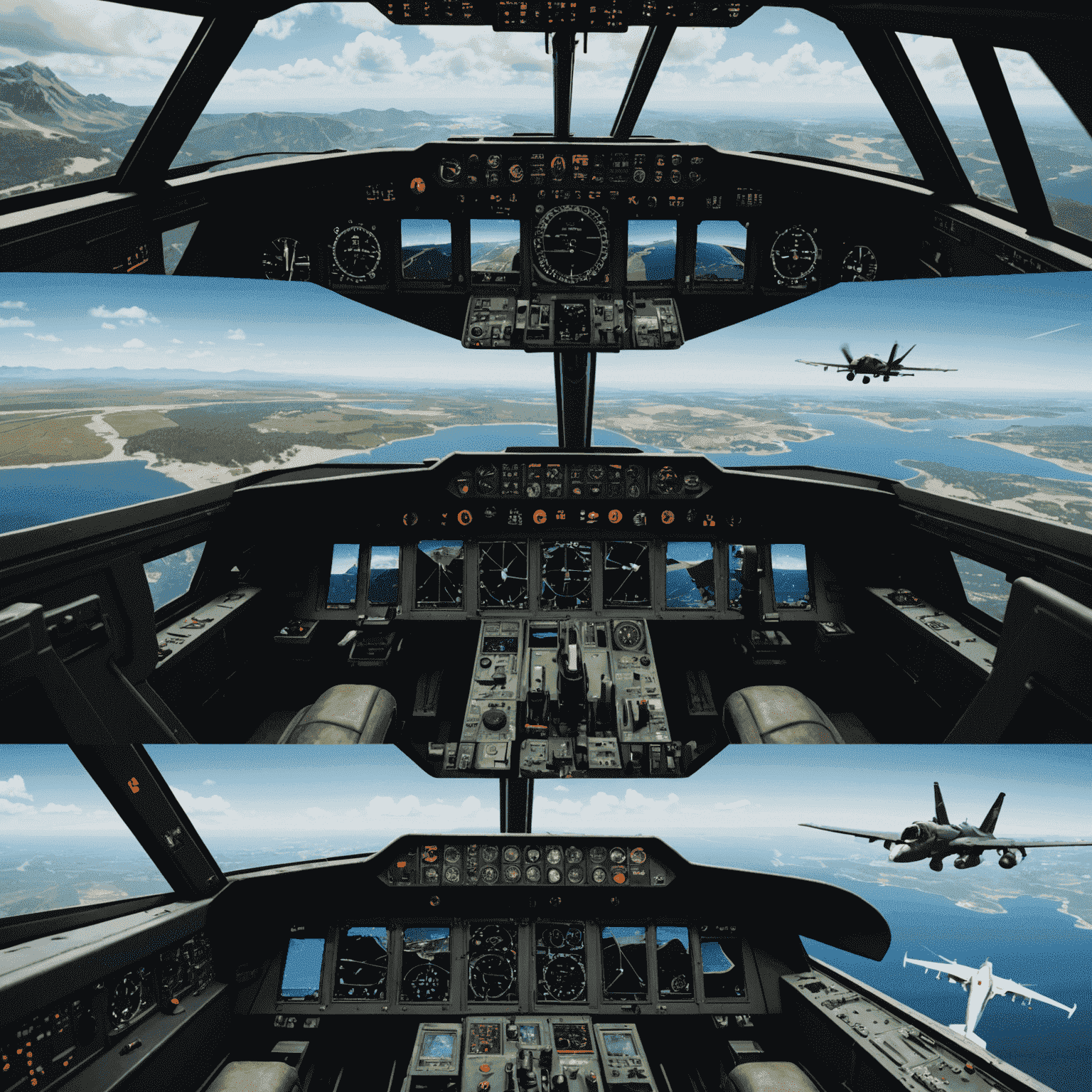 Collage of various aviation game screenshots, showing cockpit views, aircraft exteriors, and aerial landscapes