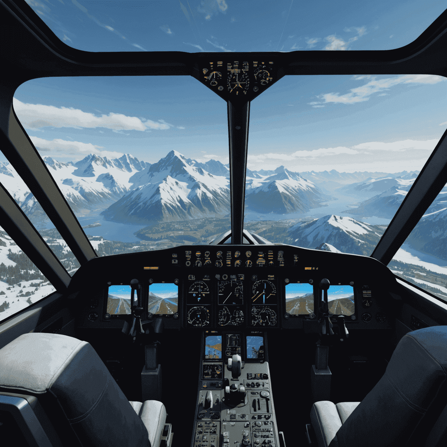 Screenshot of Microsoft Flight Simulator showing a detailed cockpit view with a panoramic landscape of snow-capped mountains