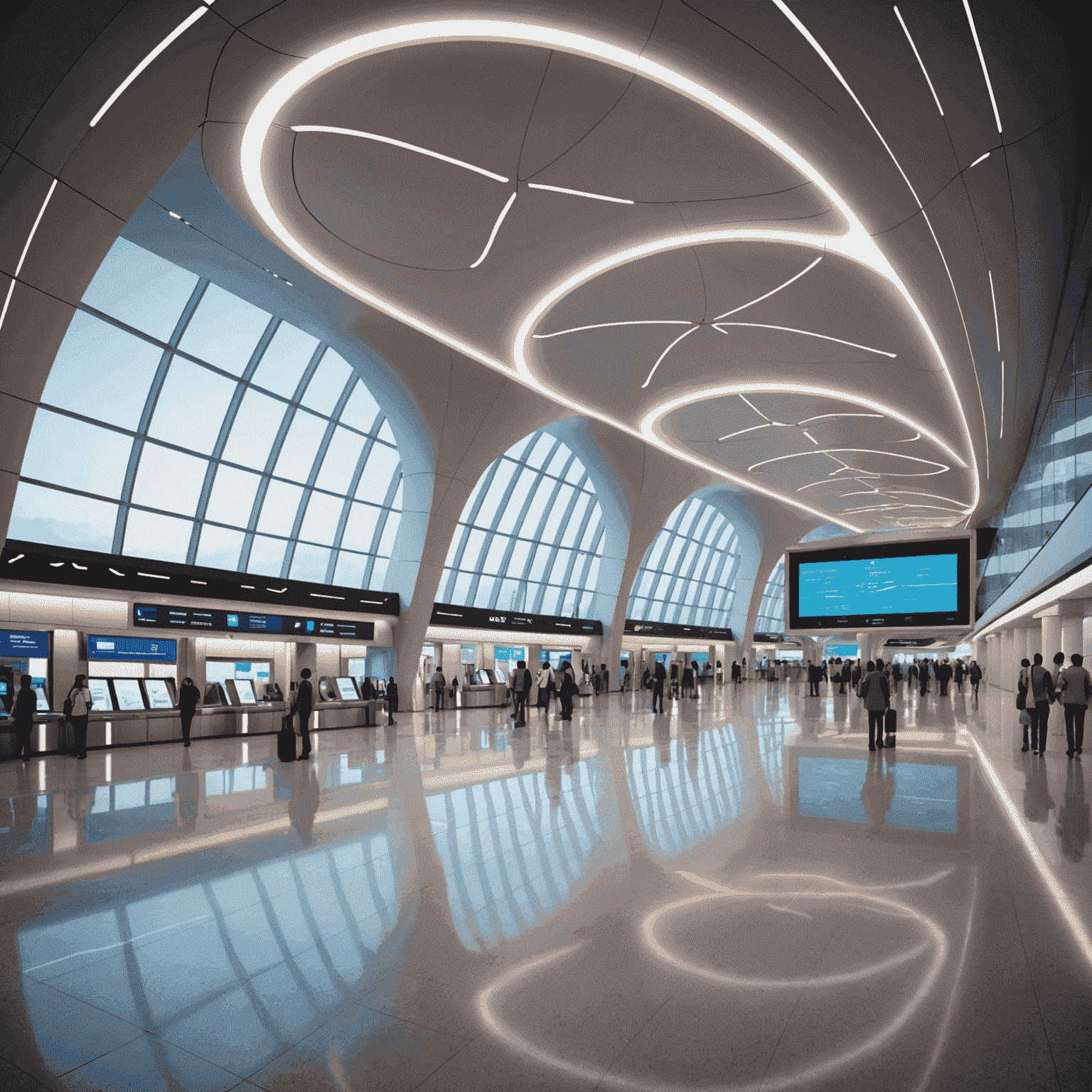 Futuristic airport terminal in India with sleek design, advanced technology, and passengers using digital interfaces