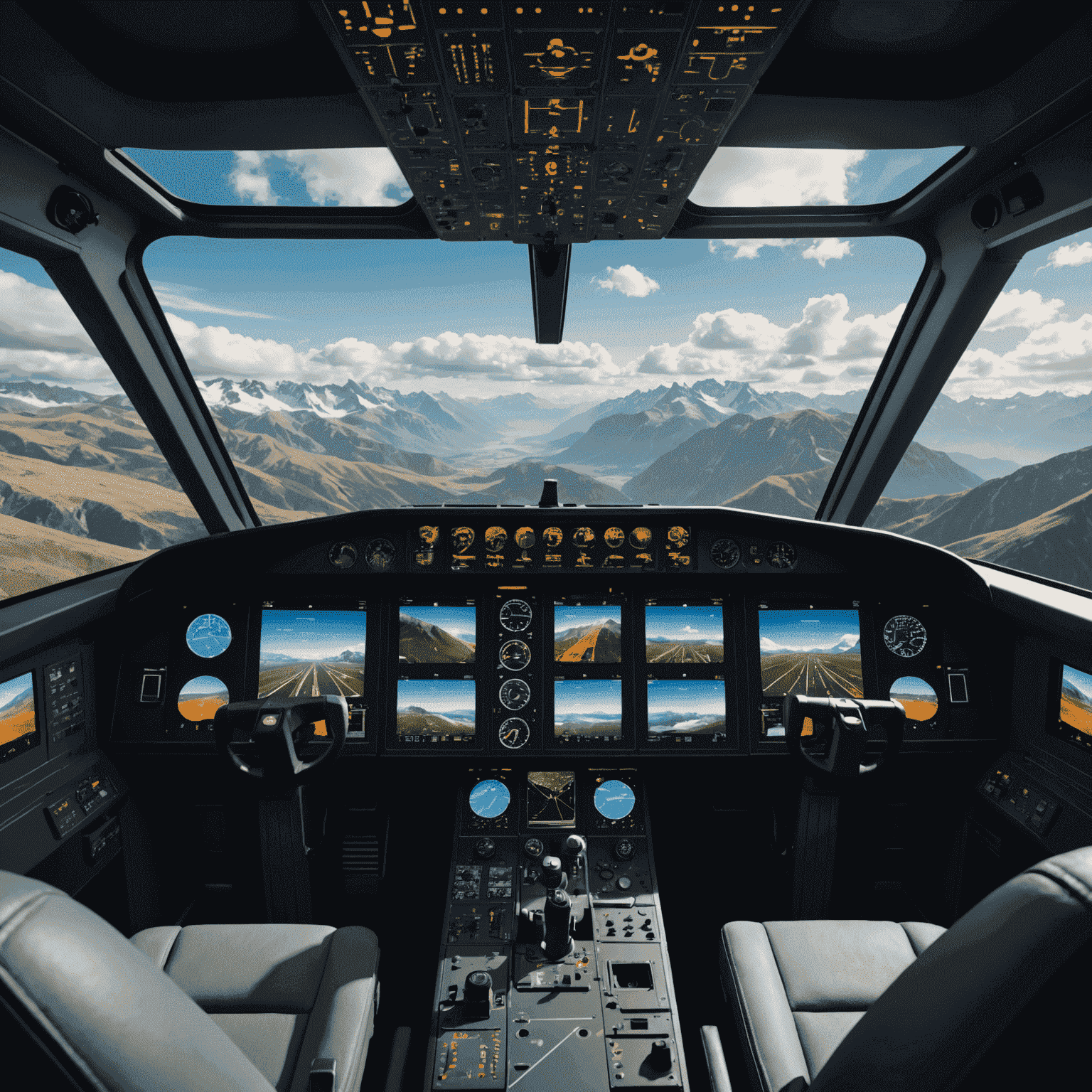 A cockpit view of a flight simulator setup with multiple screens showing a realistic aircraft interior and a scenic view of clouds and mountains through the virtual windshield