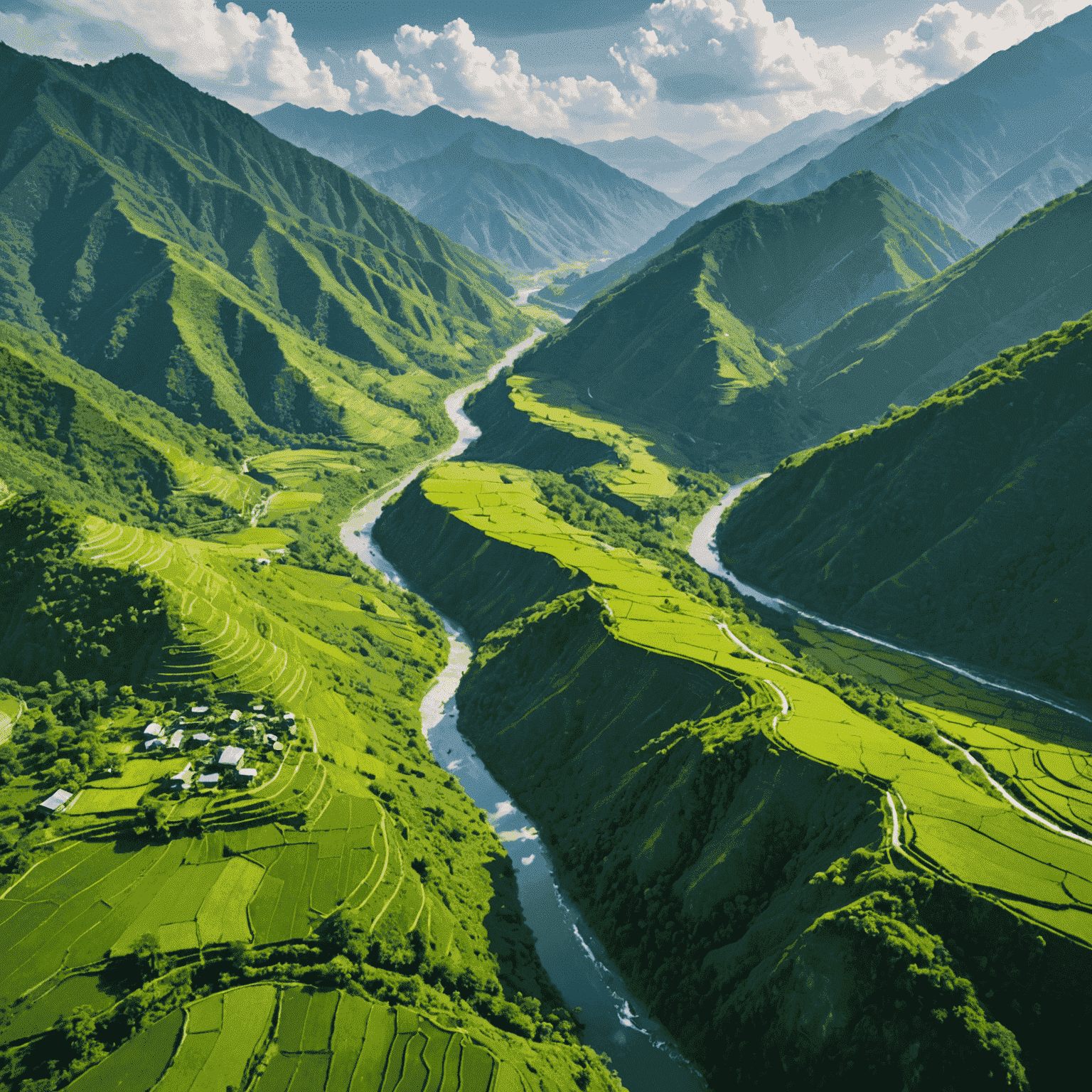 Aerial view of a lush green valley with winding rivers and small villages nestled in the mountains of Northeast India