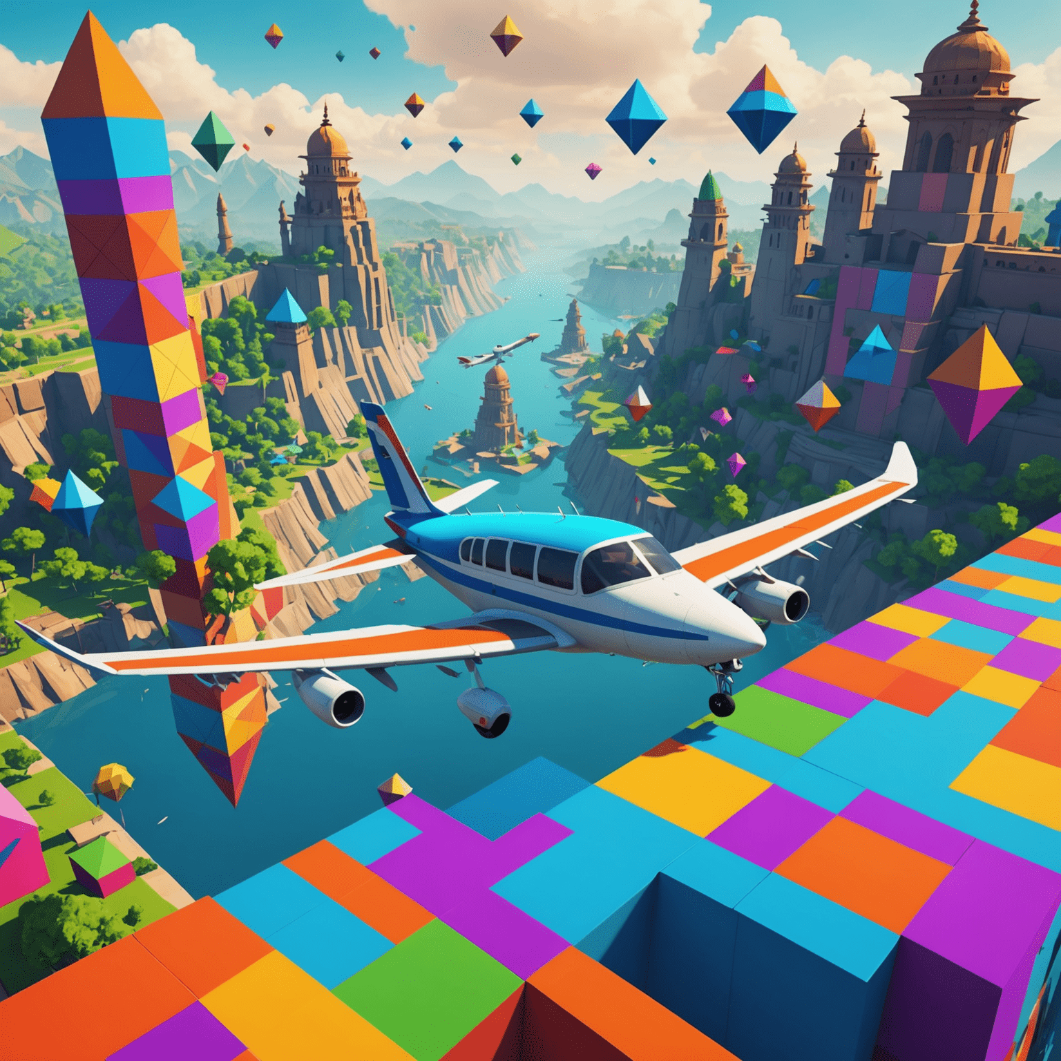 Screenshot of Avia Fly Game India showing a plane soaring through colorful geometric obstacles