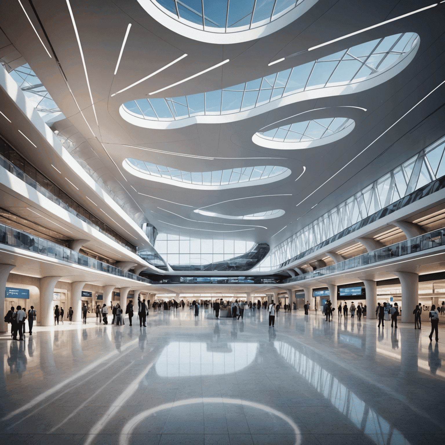 Futuristic airport terminal in India with advanced technology, sleek design, and eco-friendly features