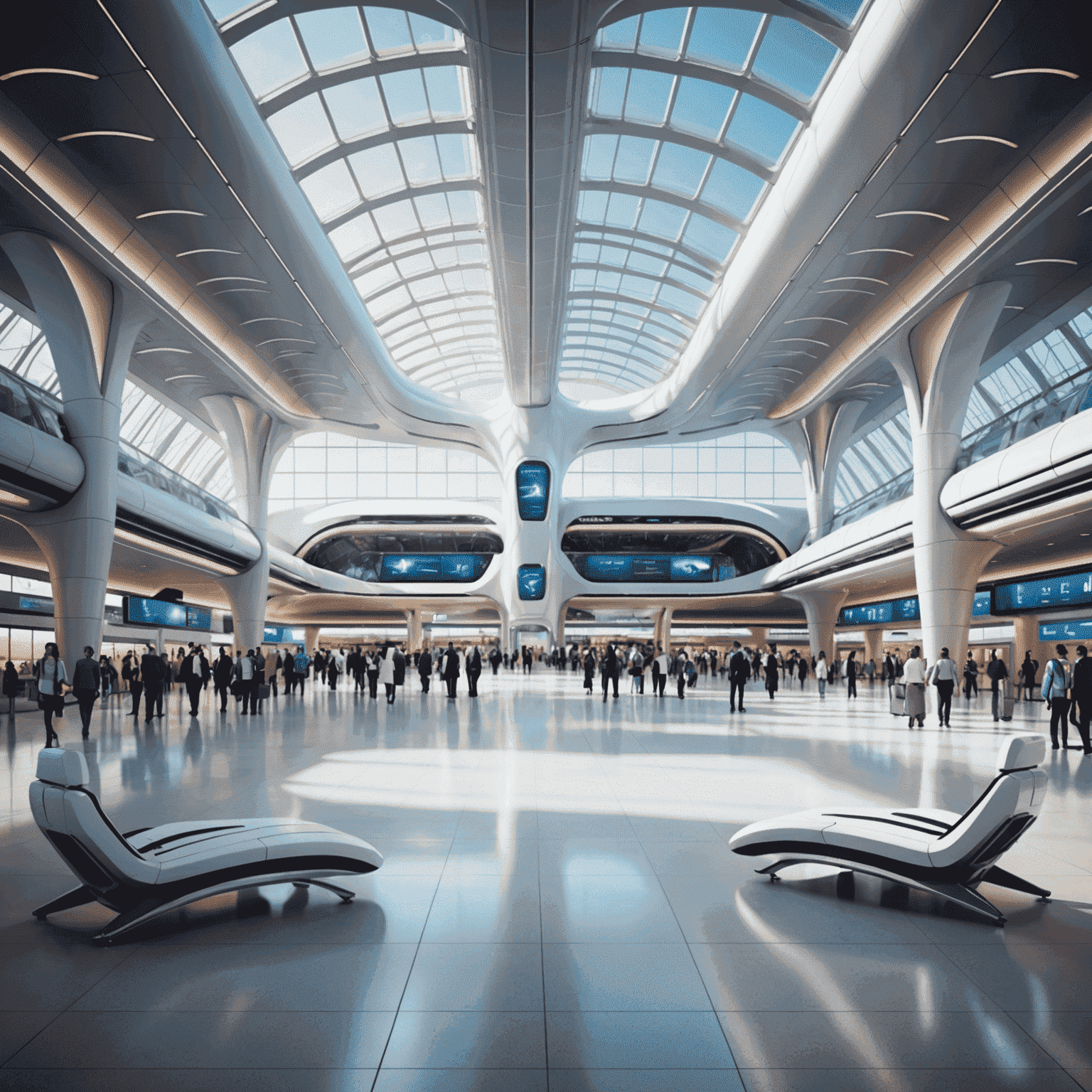 Futuristic airport terminal with advanced technology, sleek aircraft, and passengers using innovative travel services