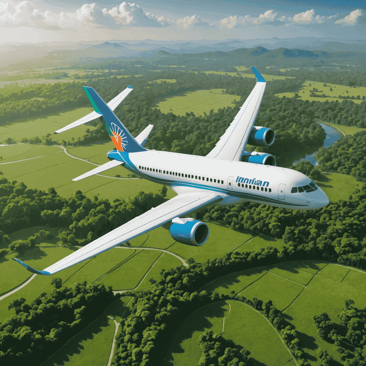 Modern, eco-friendly aircraft with Indian airline livery flying over a lush green landscape