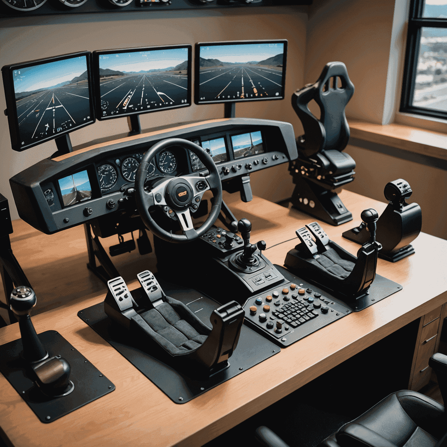 A set of flight simulation hardware including a joystick, throttle quadrant, and rudder pedals arranged on a desk