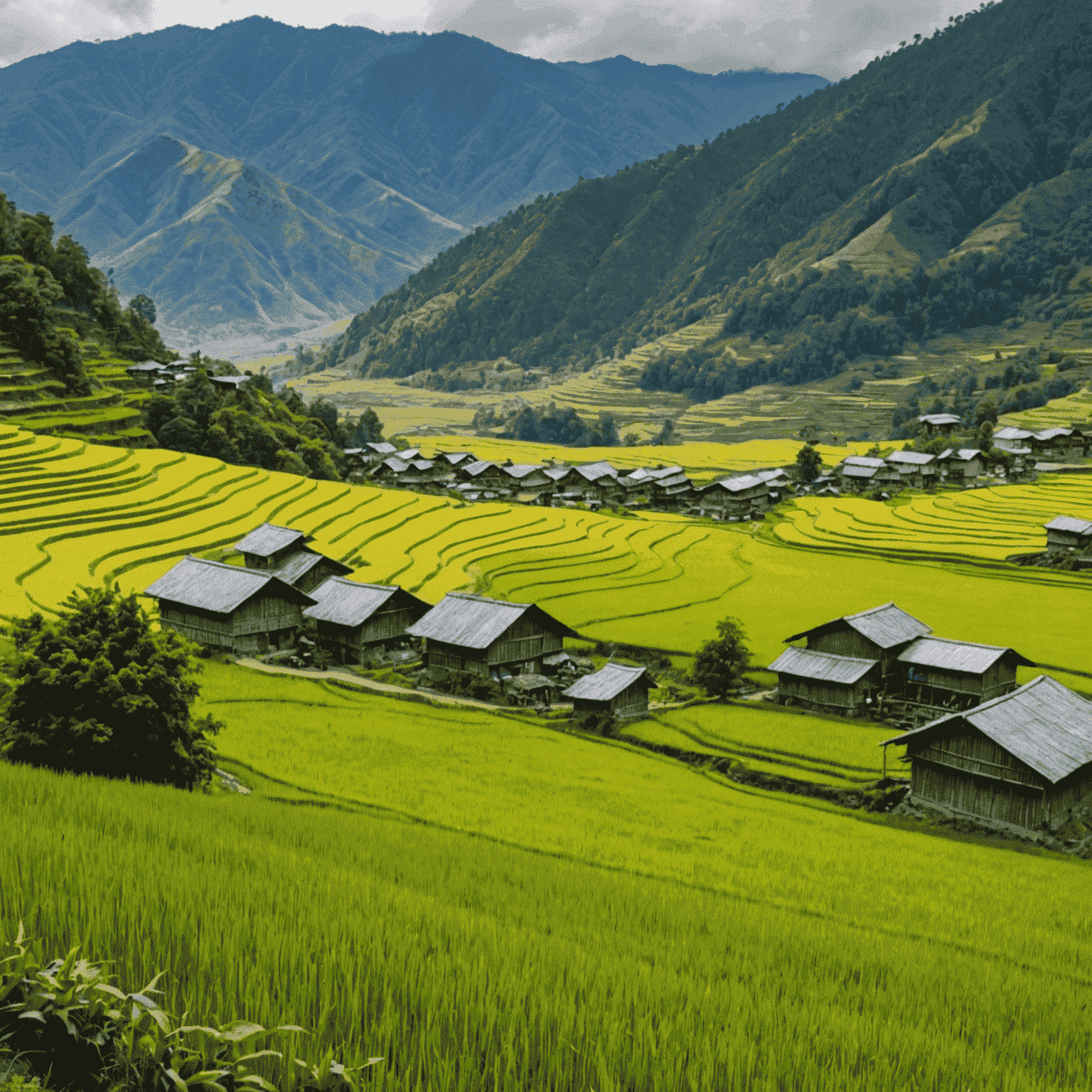 Panoramic view of Ziro Valley with terraced rice fields and traditional Apatani tribal houses