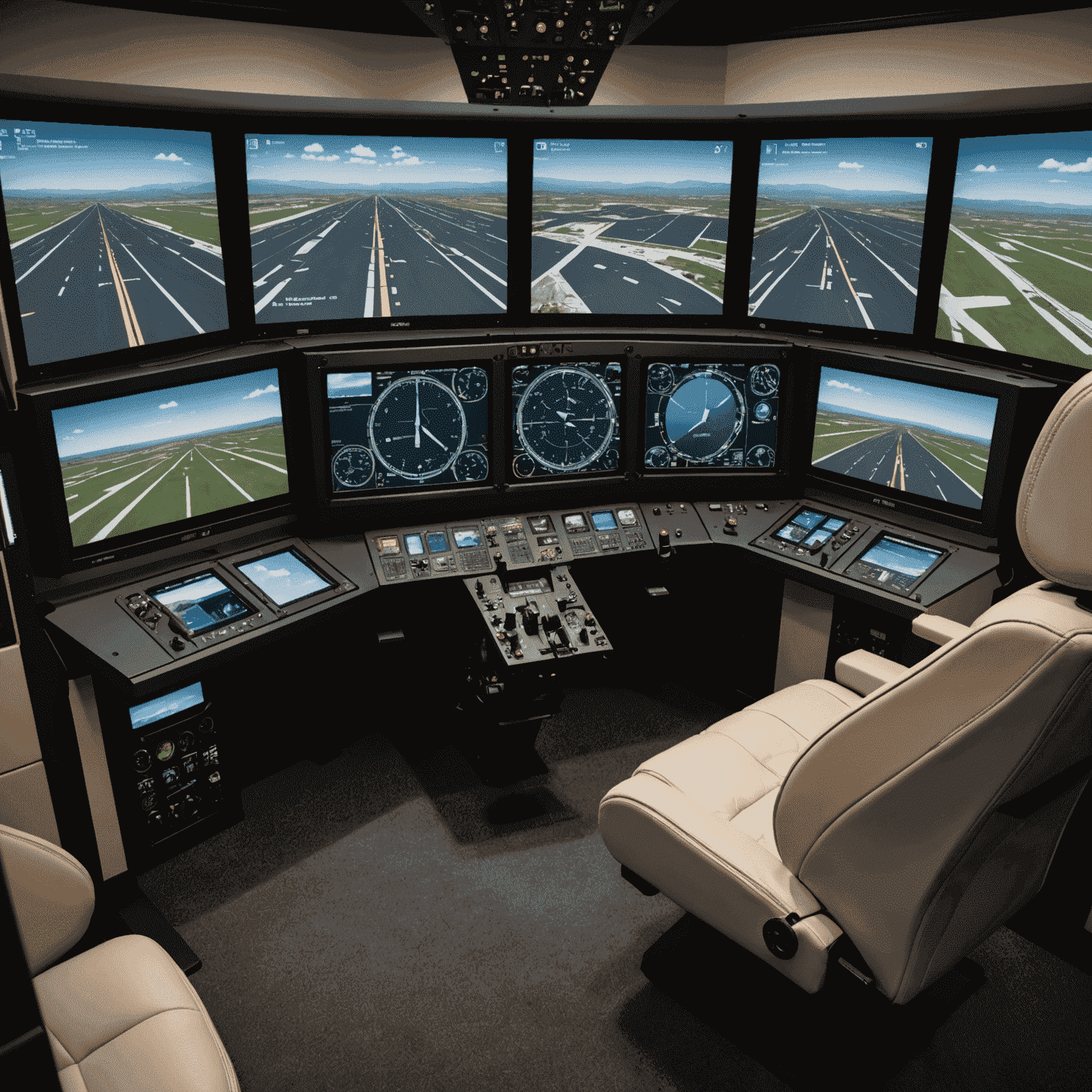 Home flight simulation setup with multiple monitors, flight controls, and a virtual cockpit display