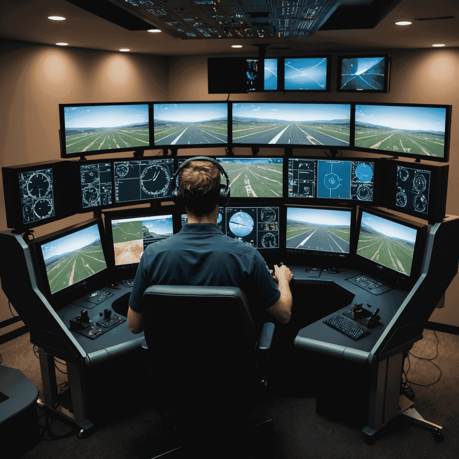 Home flight simulation setup with multiple monitors, flight controls, and a person engaging with the simulator