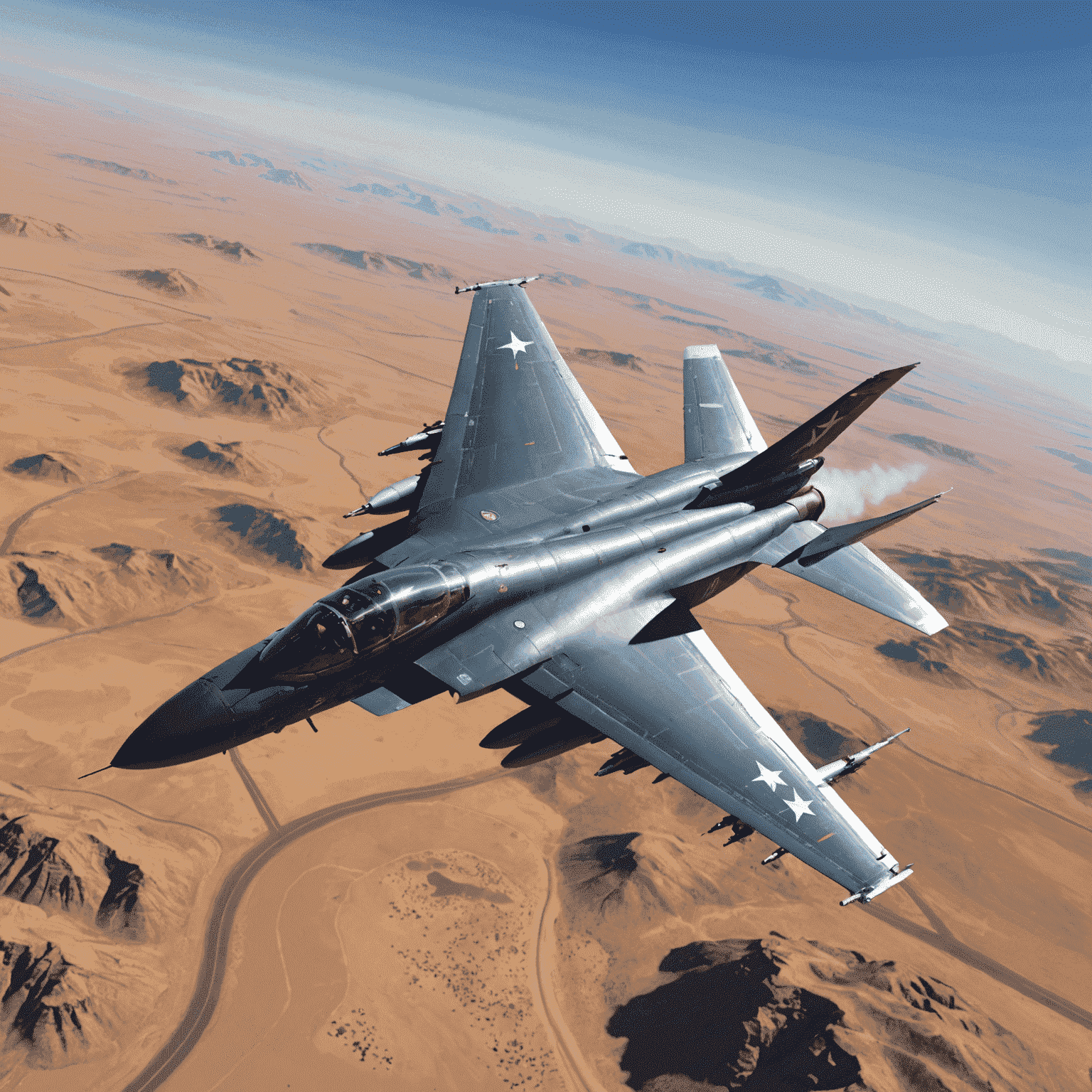 DCS World screenshot showing a fighter jet engaged in aerial combat over a desert landscape