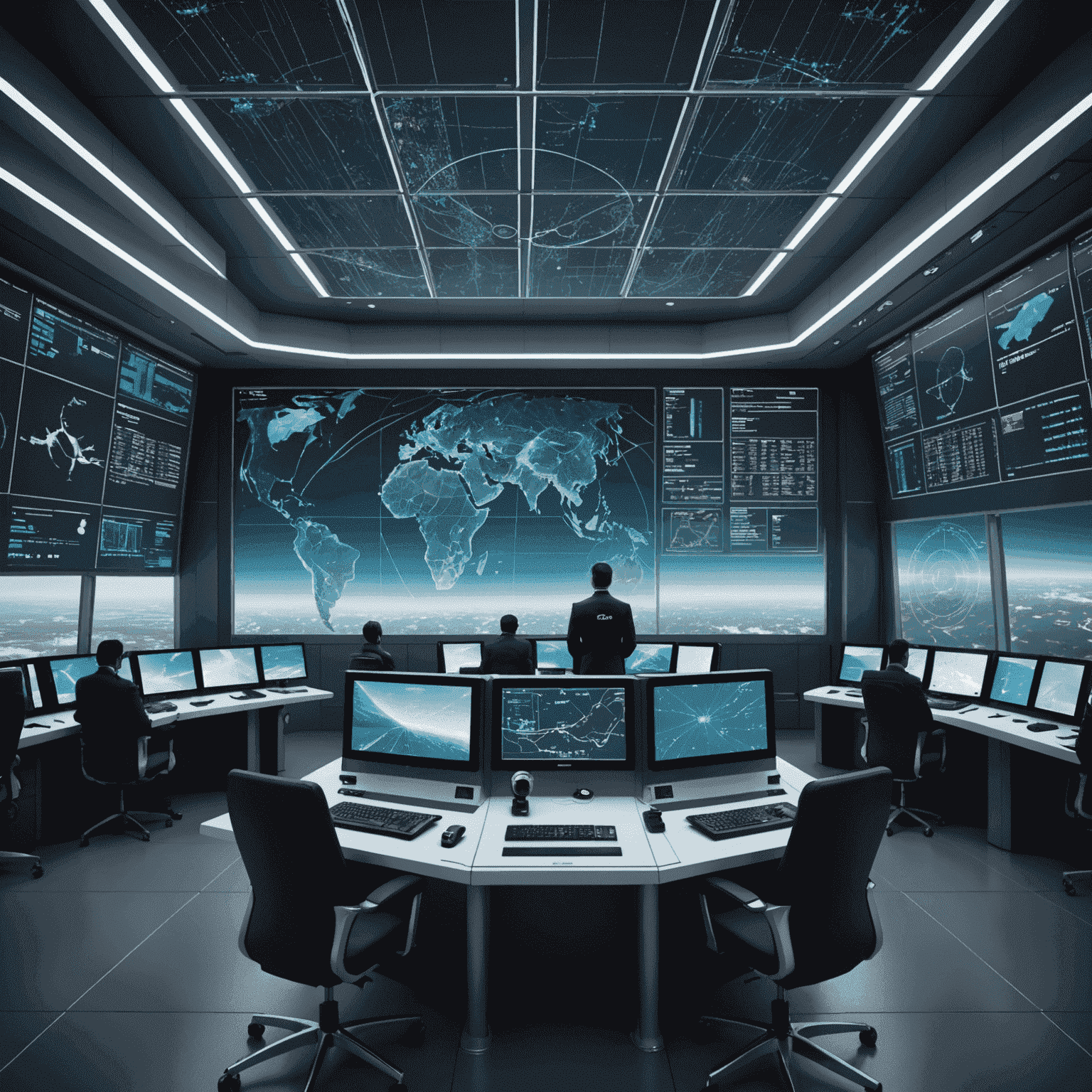 Futuristic air traffic control center with holographic displays showing flight paths over India