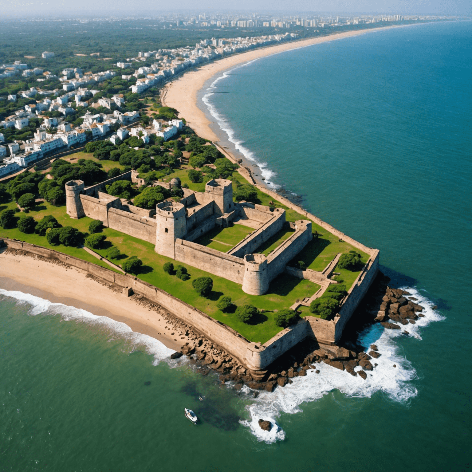 Aerial view of Diu Fort with the Arabian Sea in the background and pristine beaches lining the coast