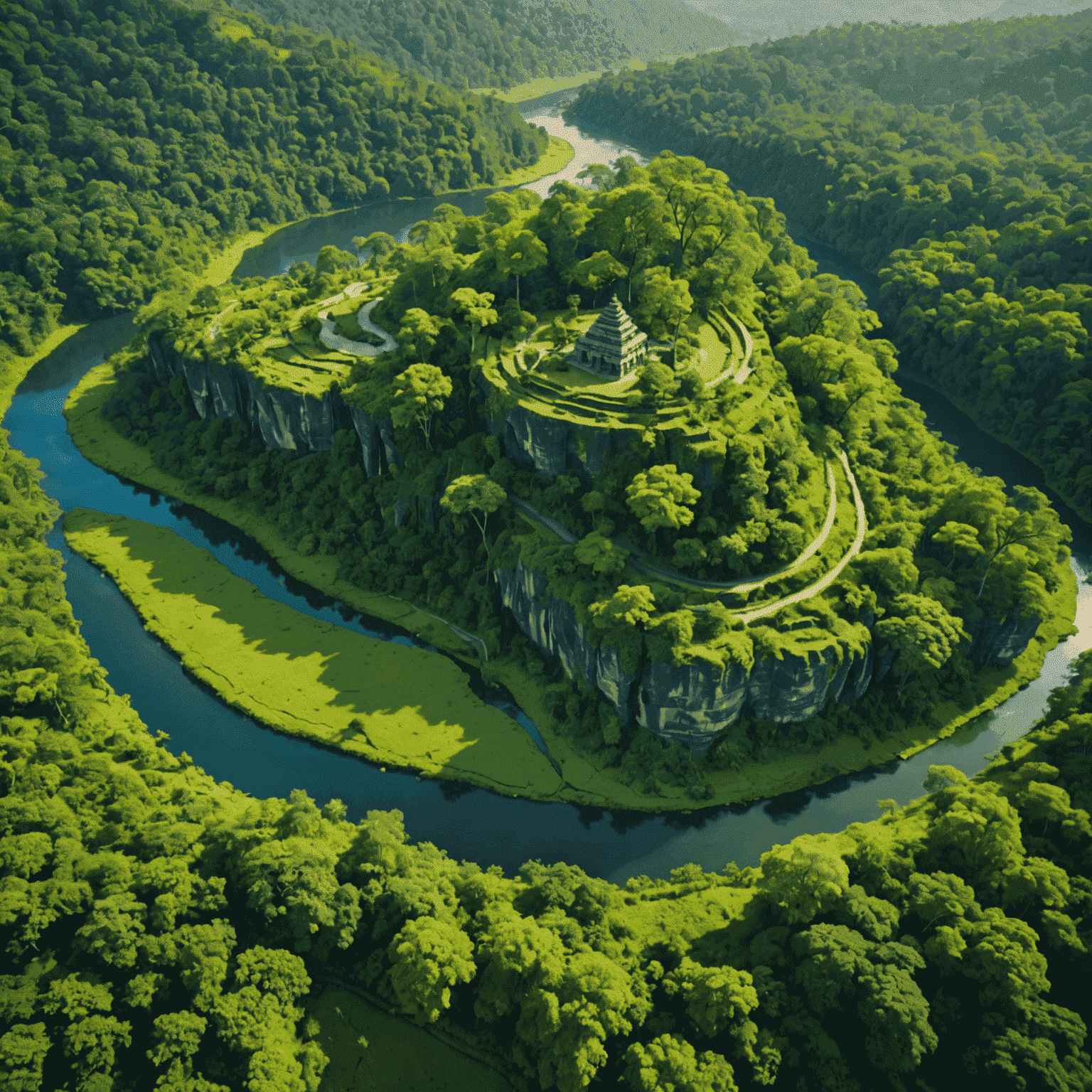 Aerial view of a remote Indian landscape with lush forests, hidden temples, and winding rivers