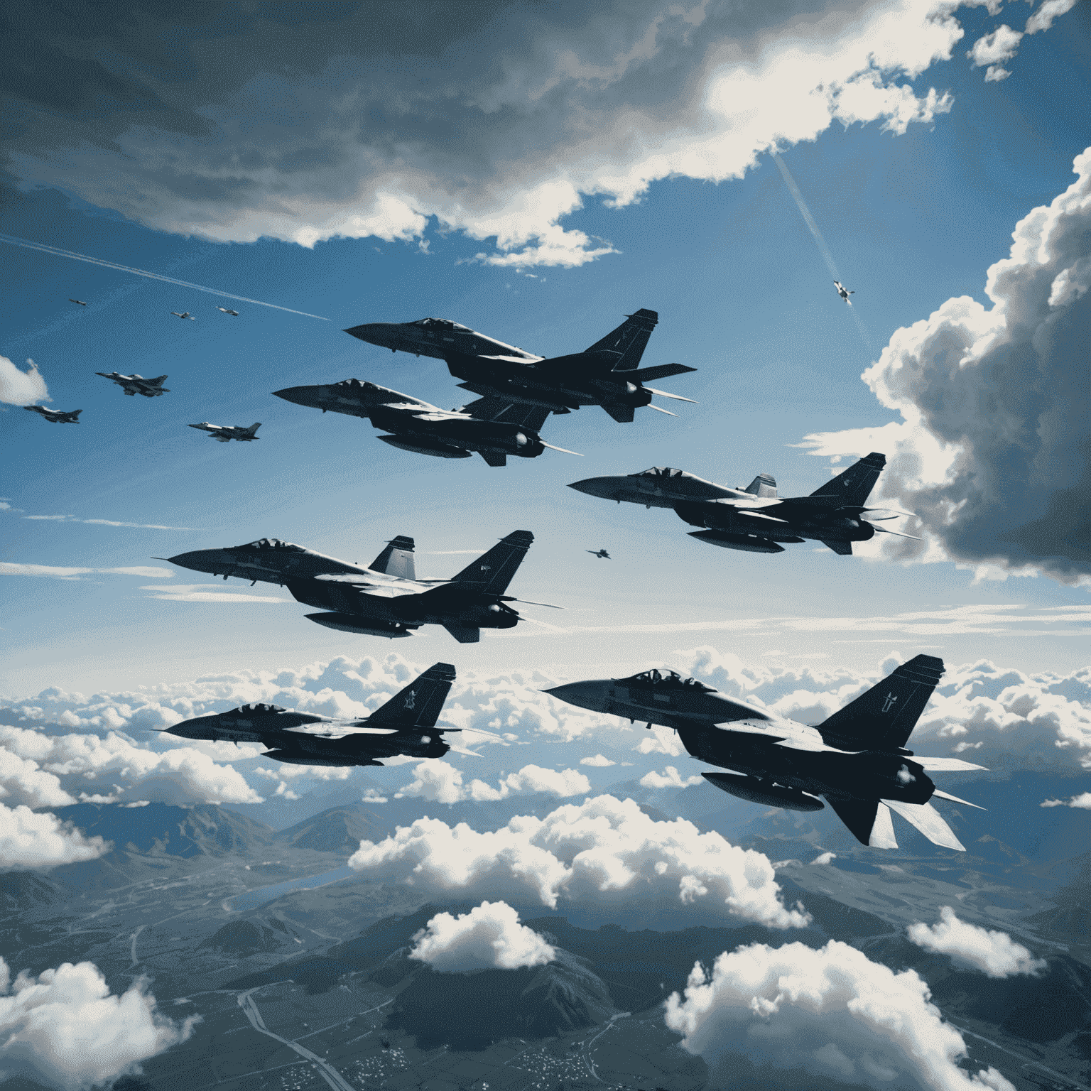 Ace Combat 7 gameplay image showing multiple fighter jets in a dogfight with dramatic clouds in the background