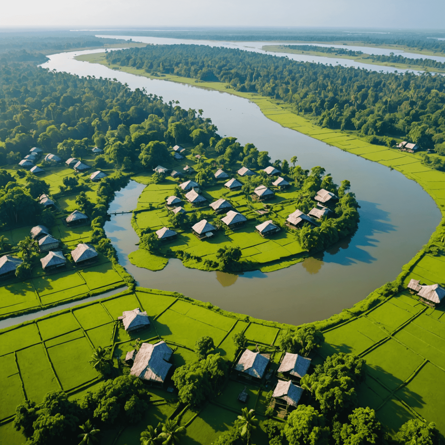 Bird's eye view of Majuli Island with the Brahmaputra River surrounding it, showing lush greenery and traditional Mishing tribal houses