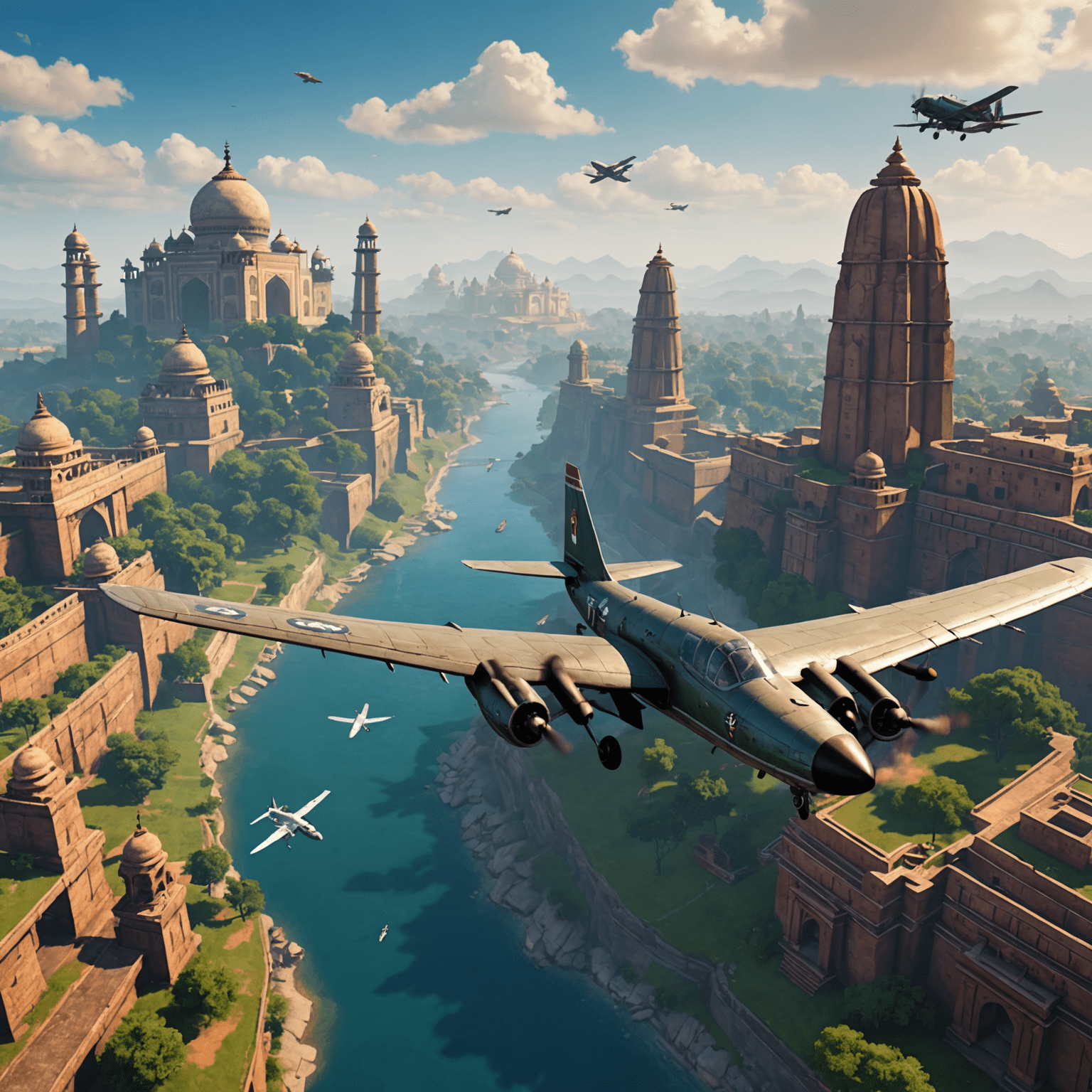 Screenshot of Avia Fly Game India gameplay, showing aircraft flying over iconic Indian landmarks