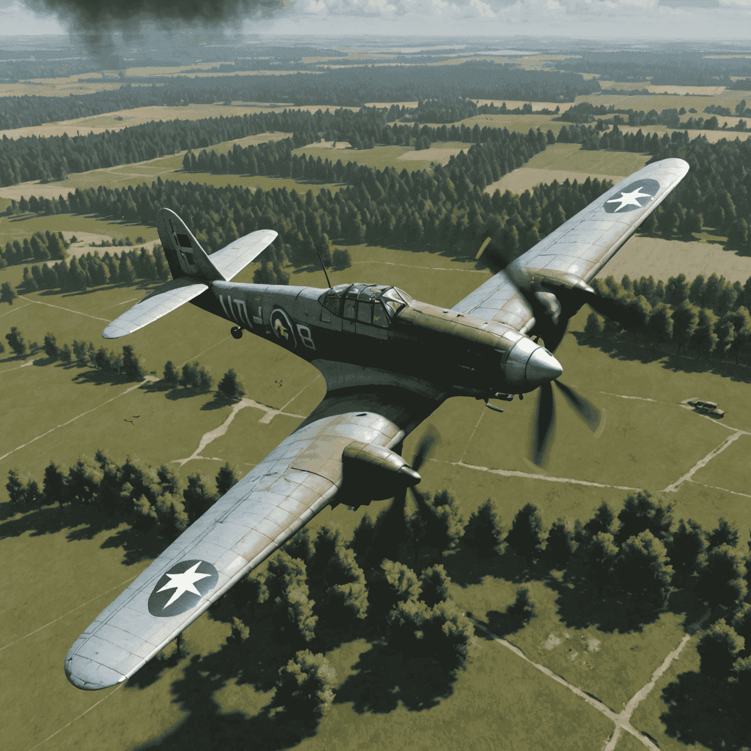 IL-2 Sturmovik screenshot depicting a World War II era propeller plane flying low over a war-torn European landscape