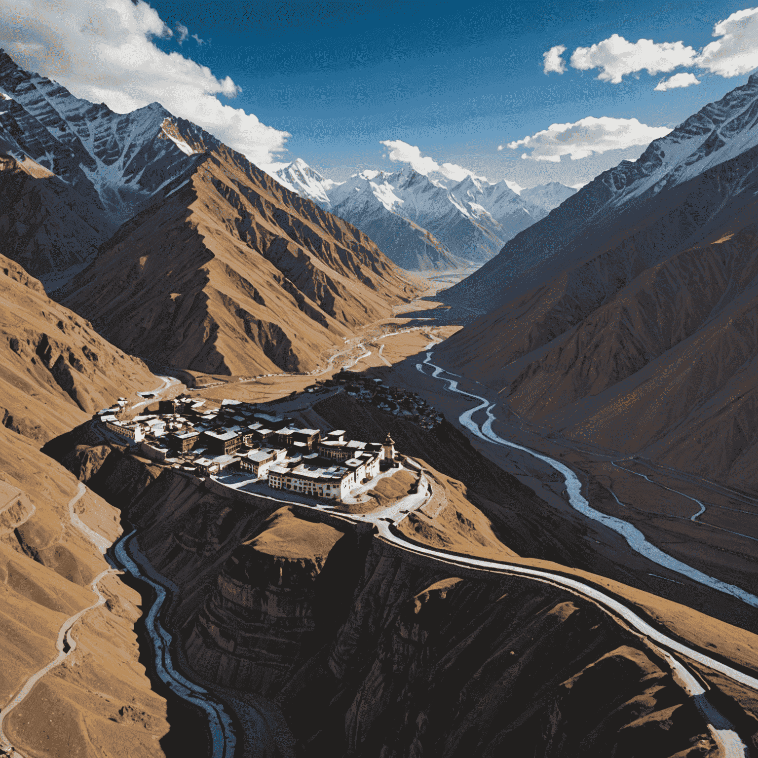 Aerial shot of Spiti Valley showing snow-capped mountains, winding roads, and the Ki Monastery perched on a hill