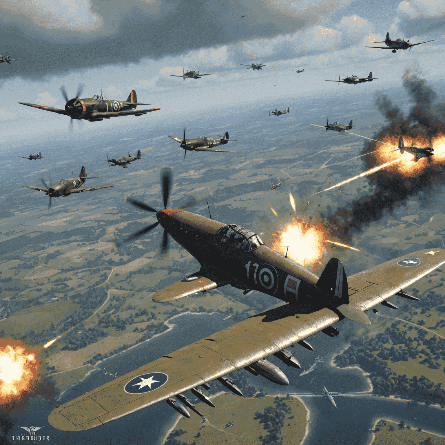 War Thunder gameplay showing a diverse array of historical aircraft engaged in a massive aerial battle