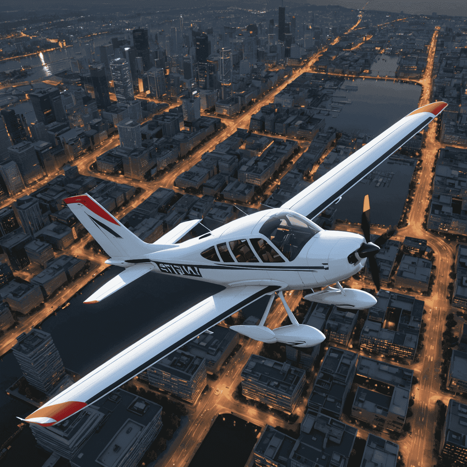 Aerofly FS 2 screenshot showcasing a light aircraft flying over a photorealistic cityscape with impressive lighting effects