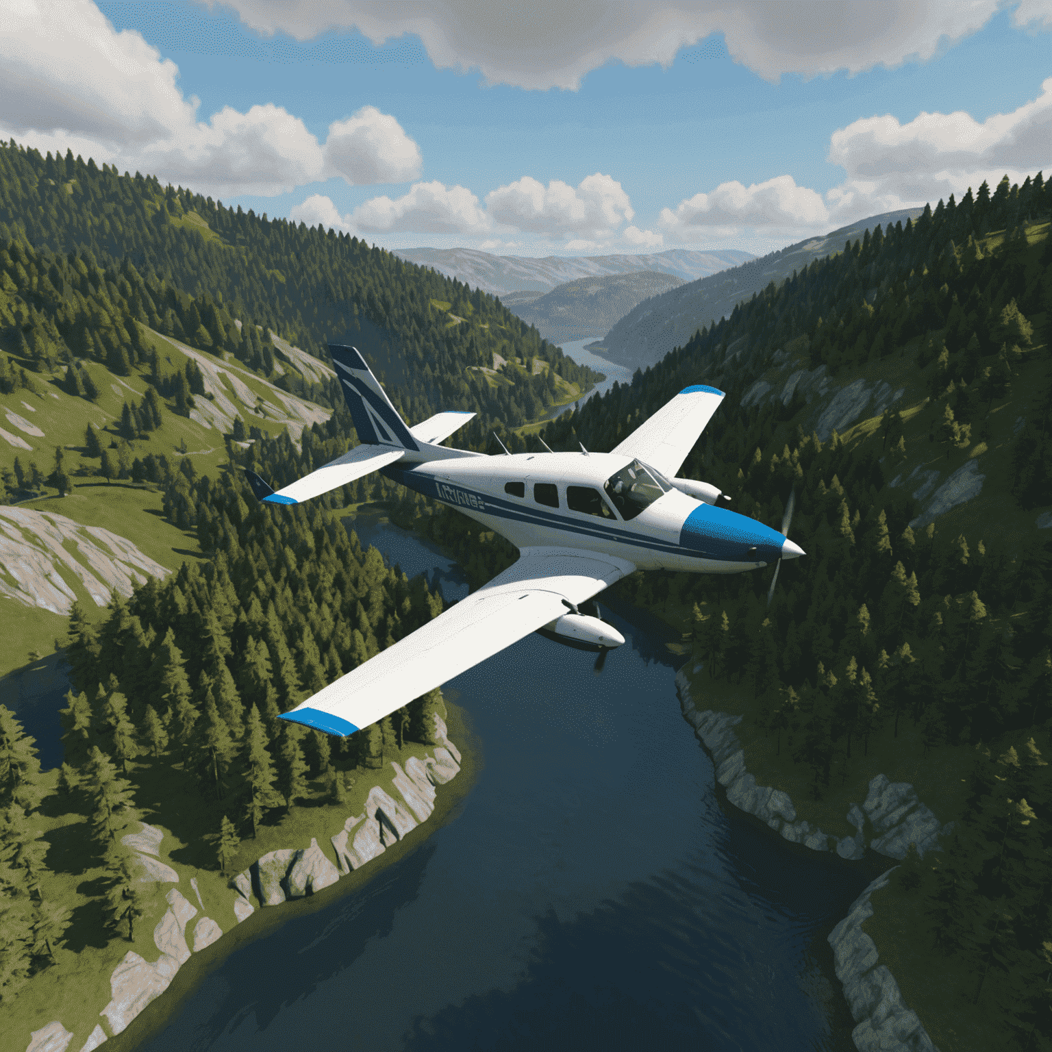 FlightGear gameplay image featuring a small private plane flying over a detailed terrain with rivers and forests